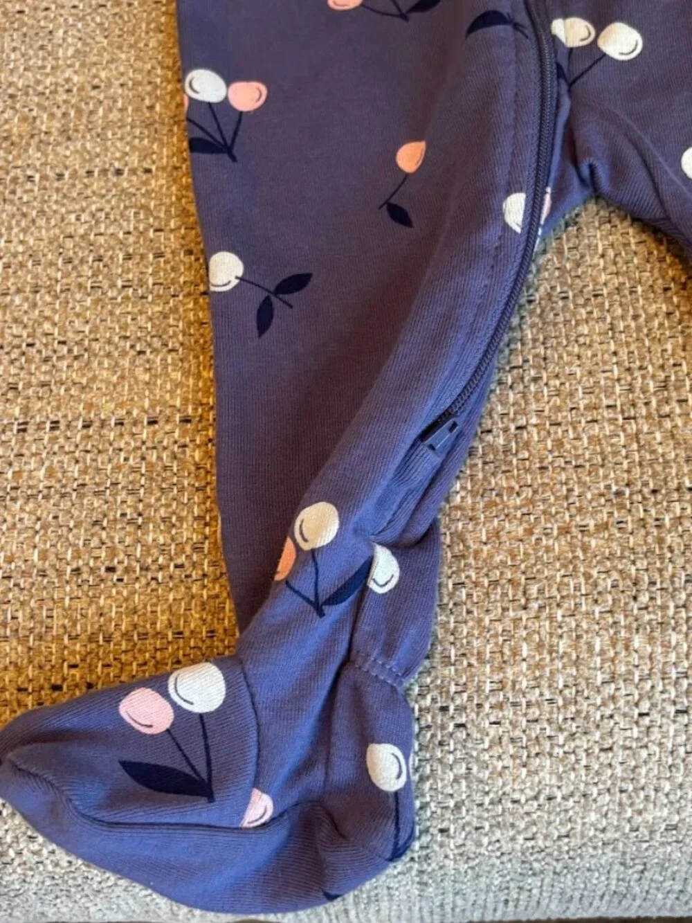 Infant Girl's Pekkle Footed Sleeper 2 Way Zipper Purple with Cherries 6 Mos. New